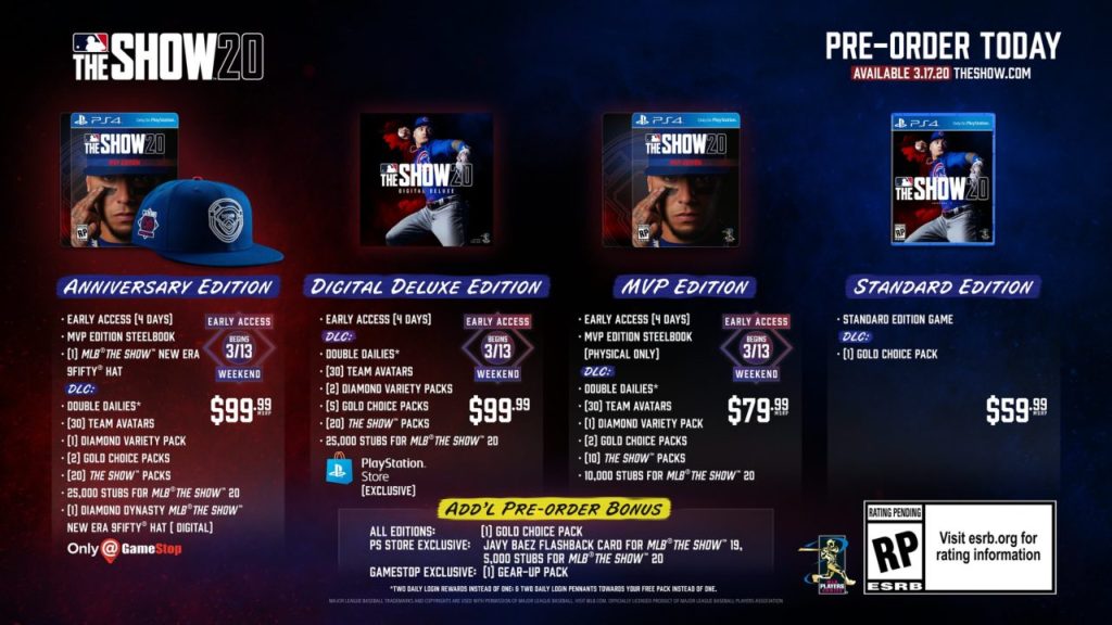 MLB The Show 20 PreOrder Bonuses For Standard, PS Store Exclusive