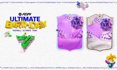 A white screen with "Ultimate Birthday" written on it, with two FUT cards.