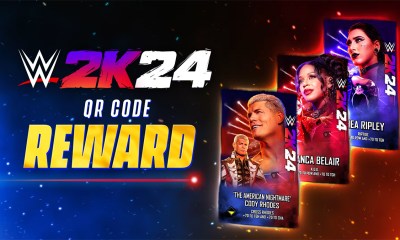 The WWE 2K24 logo, with Cody Rhodes, Bianca Belair, and Rhea Ripley pro cards.