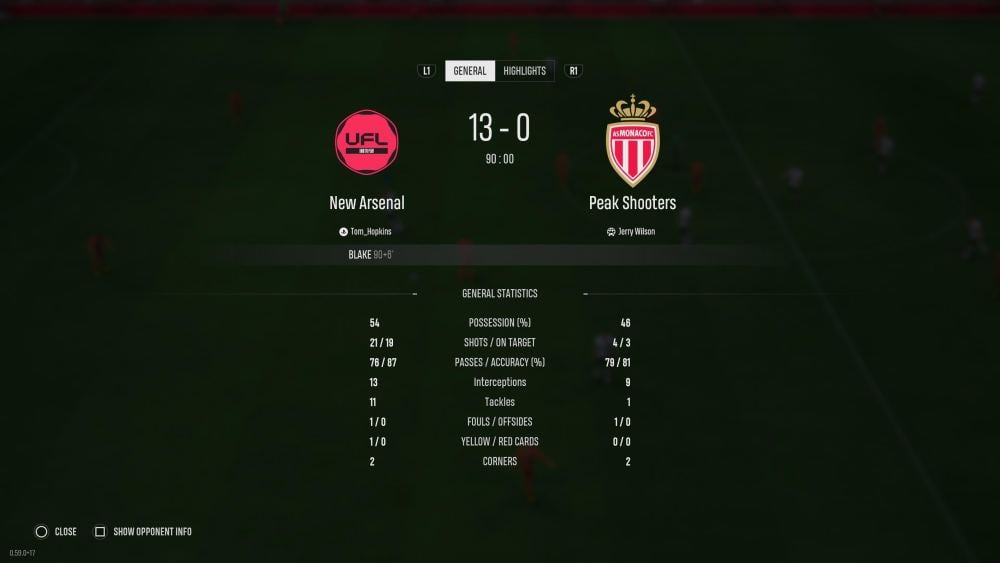 The stats at the end of a match in UFL.